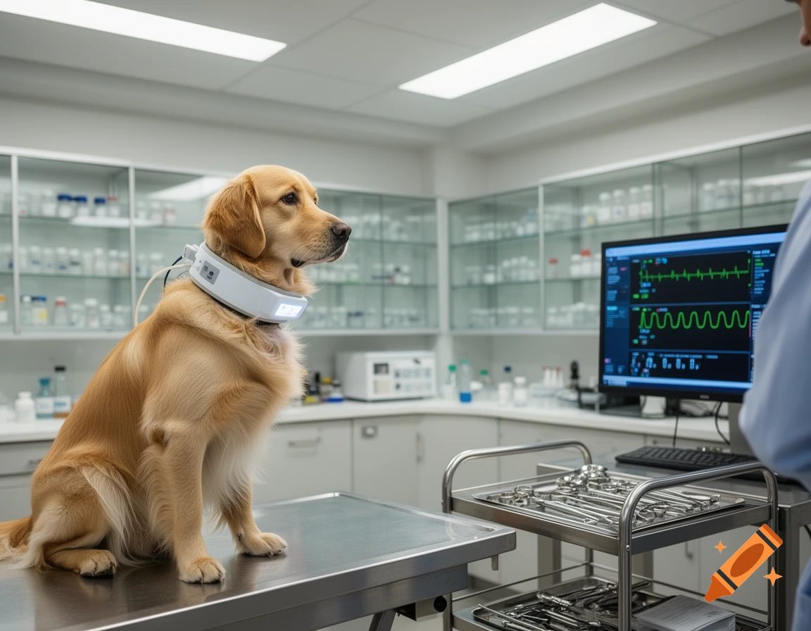 A Golden Retriever wearing a futuristic white collar sits on an examination table in a modern veterinary clinic, with a vet observing a monitor.
