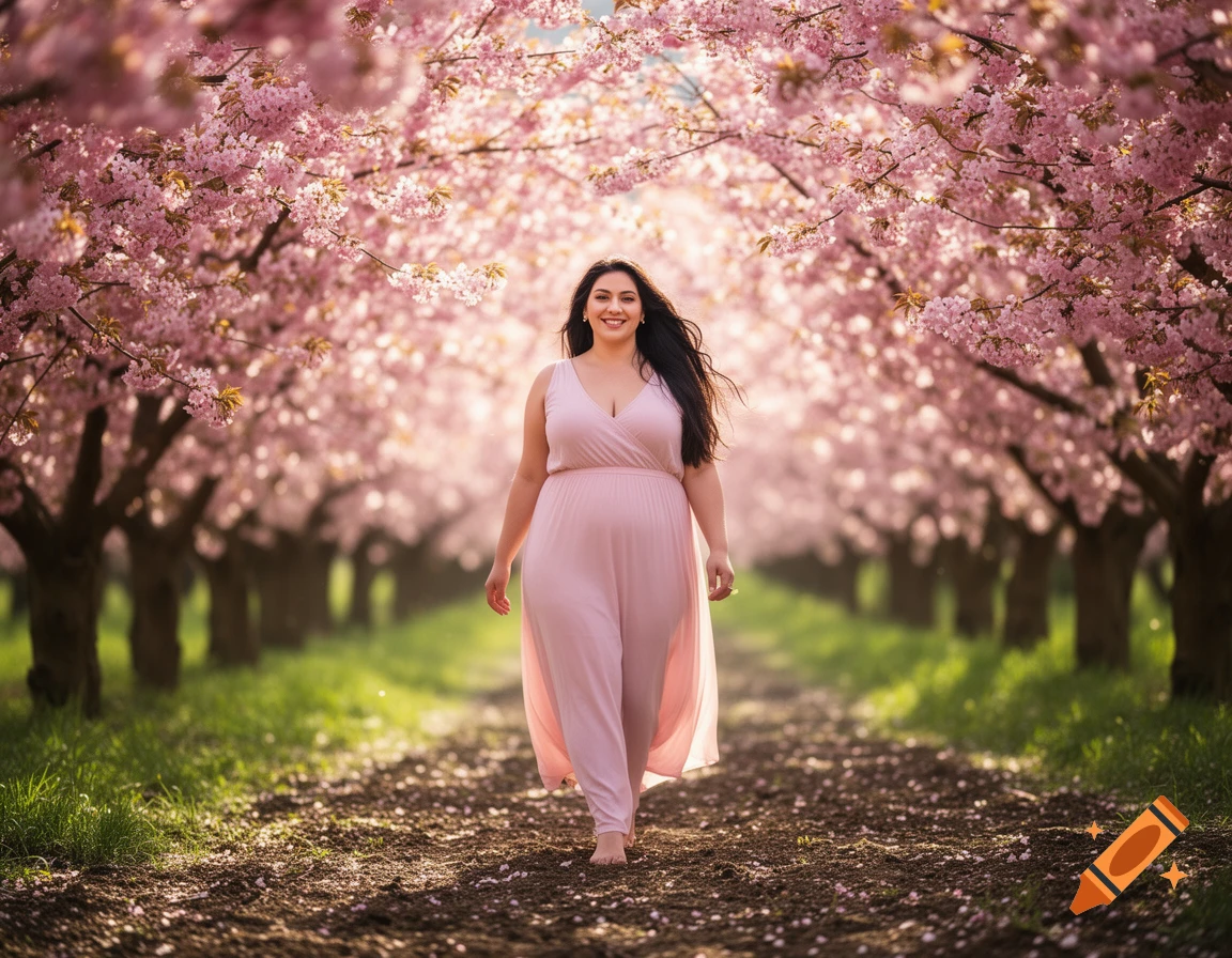 A woman in a pink dress walks barefoot through a path lined with blooming cherry blossom trees.