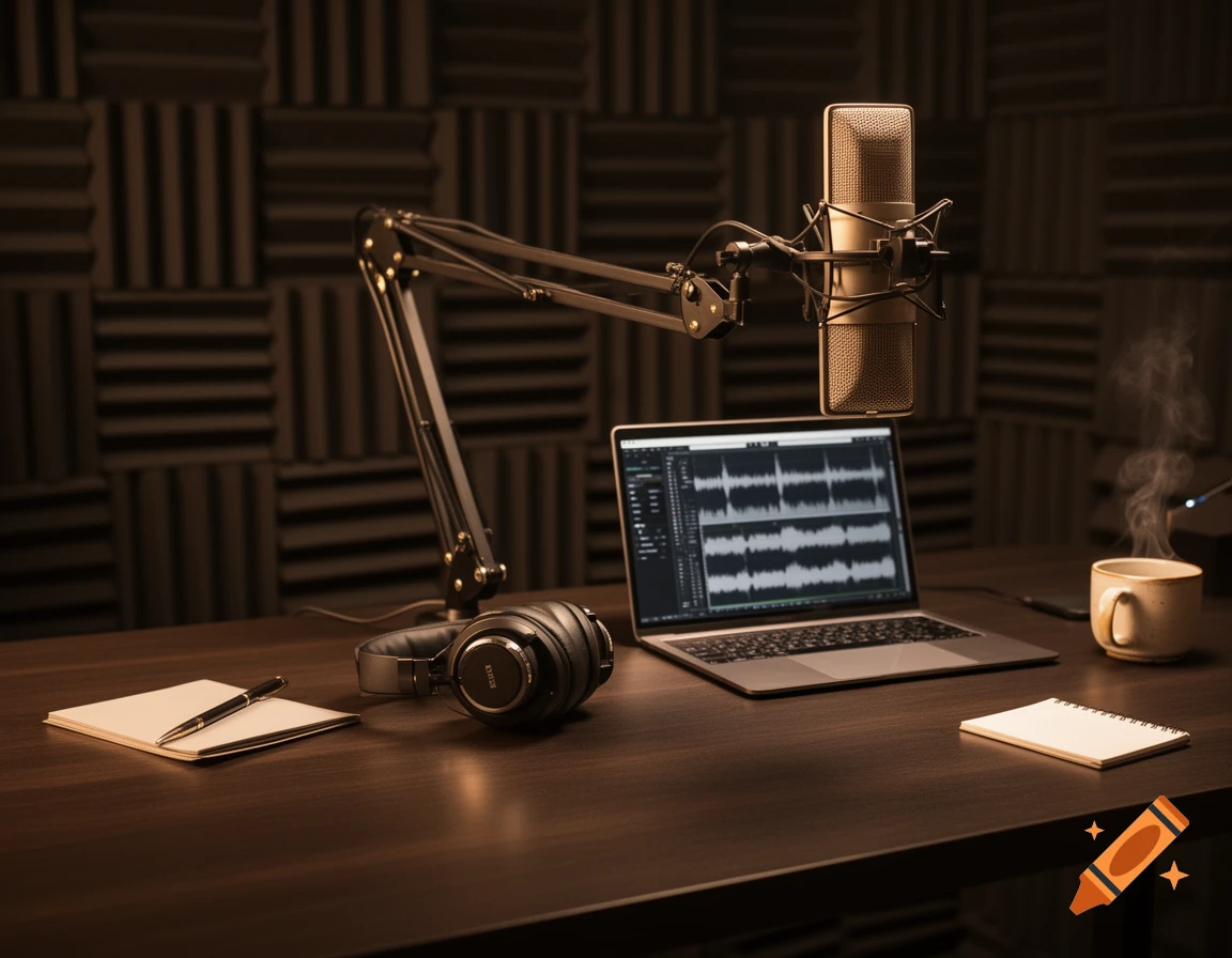 A photorealistic shot of a podcast recording desk with a microphone, laptop, headphones, notepad, and steaming coffee.