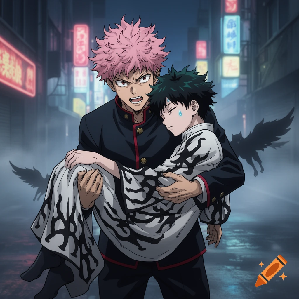 Pink-haired anime character carries a tearful, dark green-haired character through a neon-lit city street with shadowy winged figures.