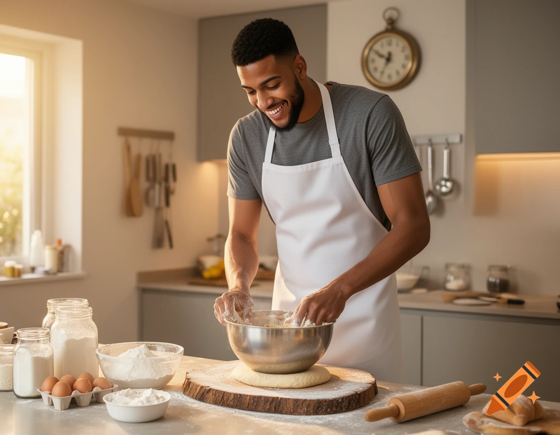 A smiling man with a beard and an apron bakes dough in a kitchen with flour, eggs, and a rolling pin on the counter.