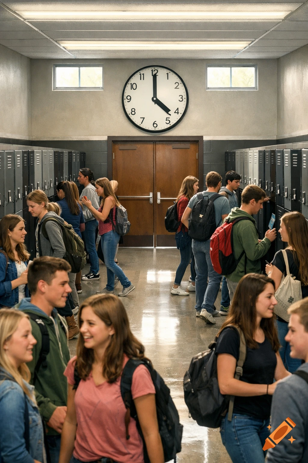 Teenagers mill about a school hallway lined with lockers, with a large clock showing 4:00 above a brown door.