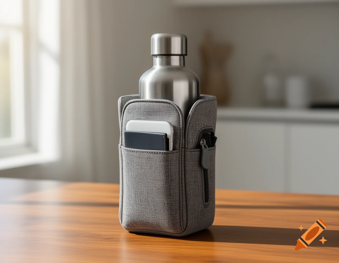 A grey fabric drink bottle holder with side pockets for a phone and wallet, and a zippered pocket, holding a silver water bottle on a wooden table.