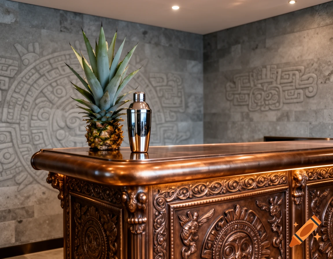 A detailed bronze bar counter with a pineapple and a silver cocktail shaker, set against a grey wall with Aztec-style patterns.