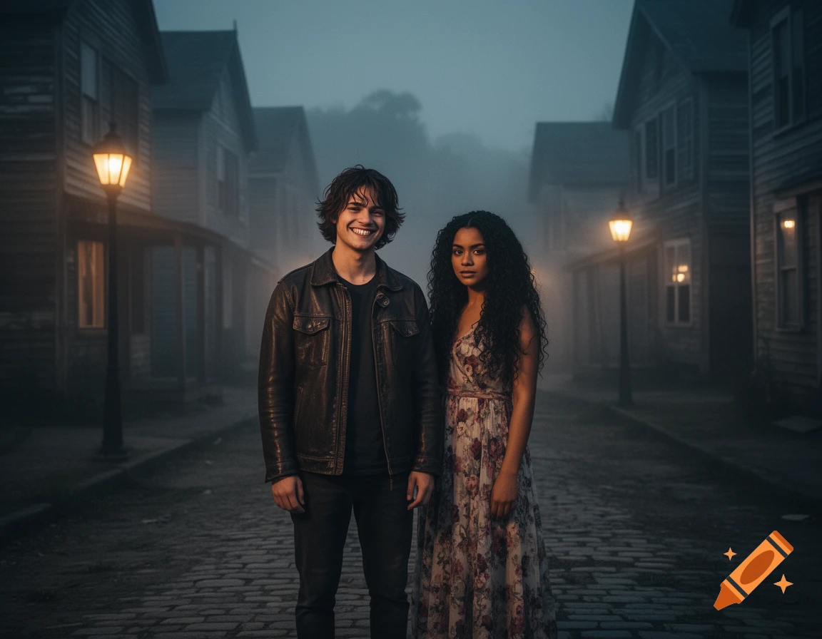 A man in a leather jacket and a woman in a floral dress stand on a cobblestone street in a foggy, dark town with old houses and glowing street lamps.