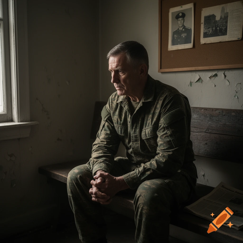 A somber man in military fatigues sits on a wooden bench in a dimly lit, peeling room, looking off to the side with clasped hands.