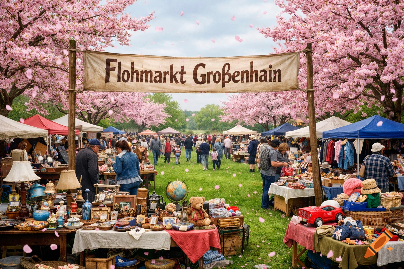 A bustling outdoor flea market under pink cherry blossoms with a banner reading 'Flohmarkt Großenhain'. Photorealistic.