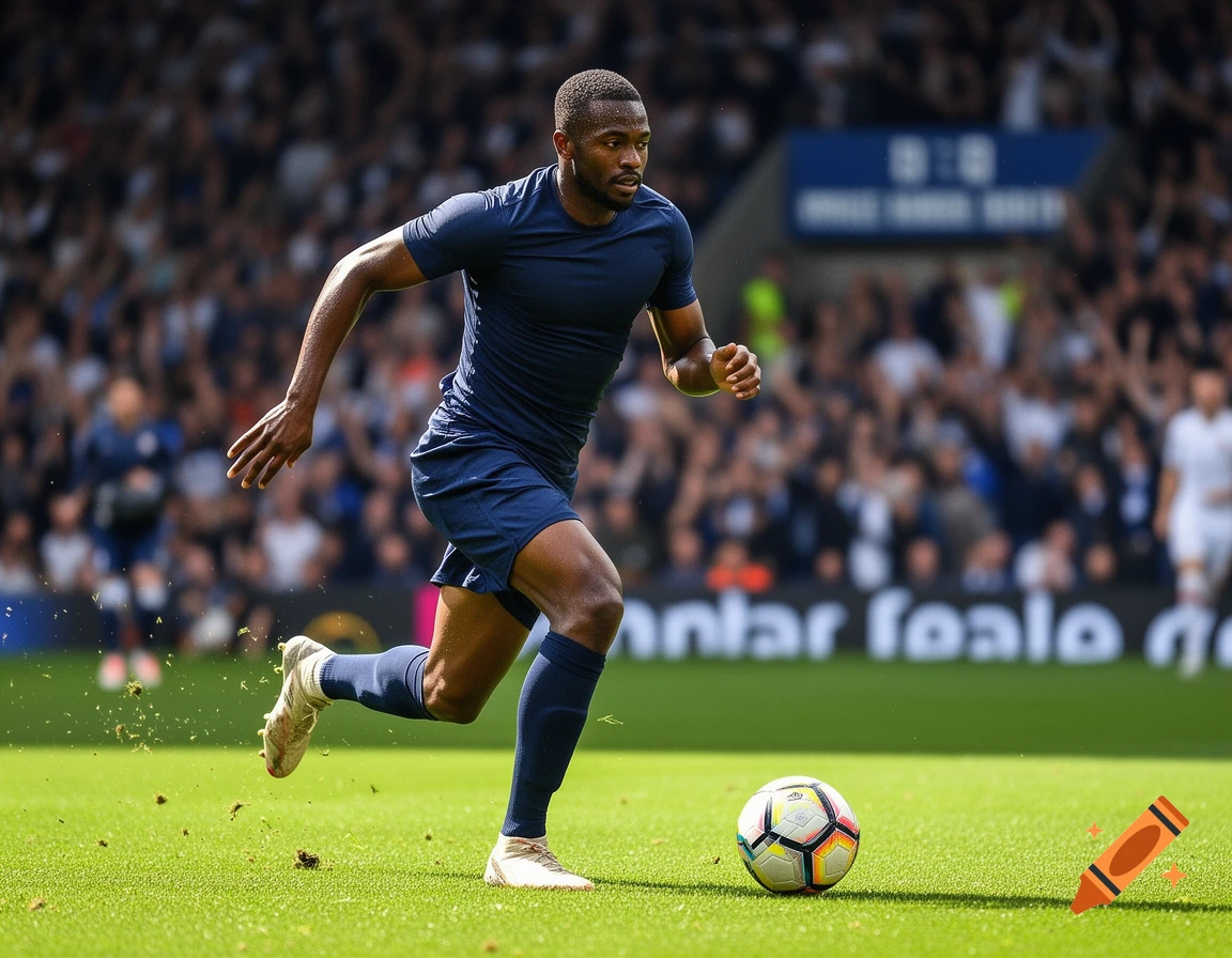 A dark-skinned male soccer player in a blue uniform runs with a ball on a green field during a match.