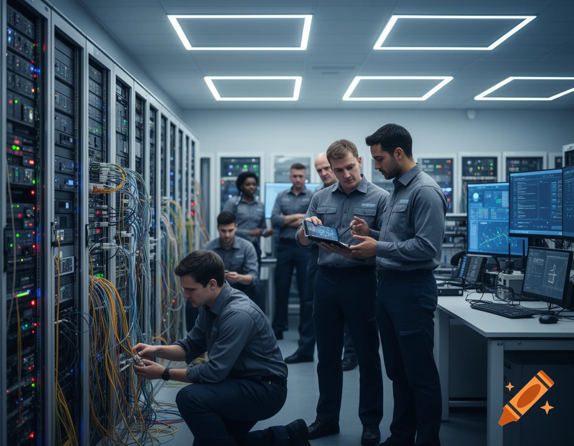 IT professionals work in a modern data center, connecting cables to server racks and monitoring data on glowing screens.