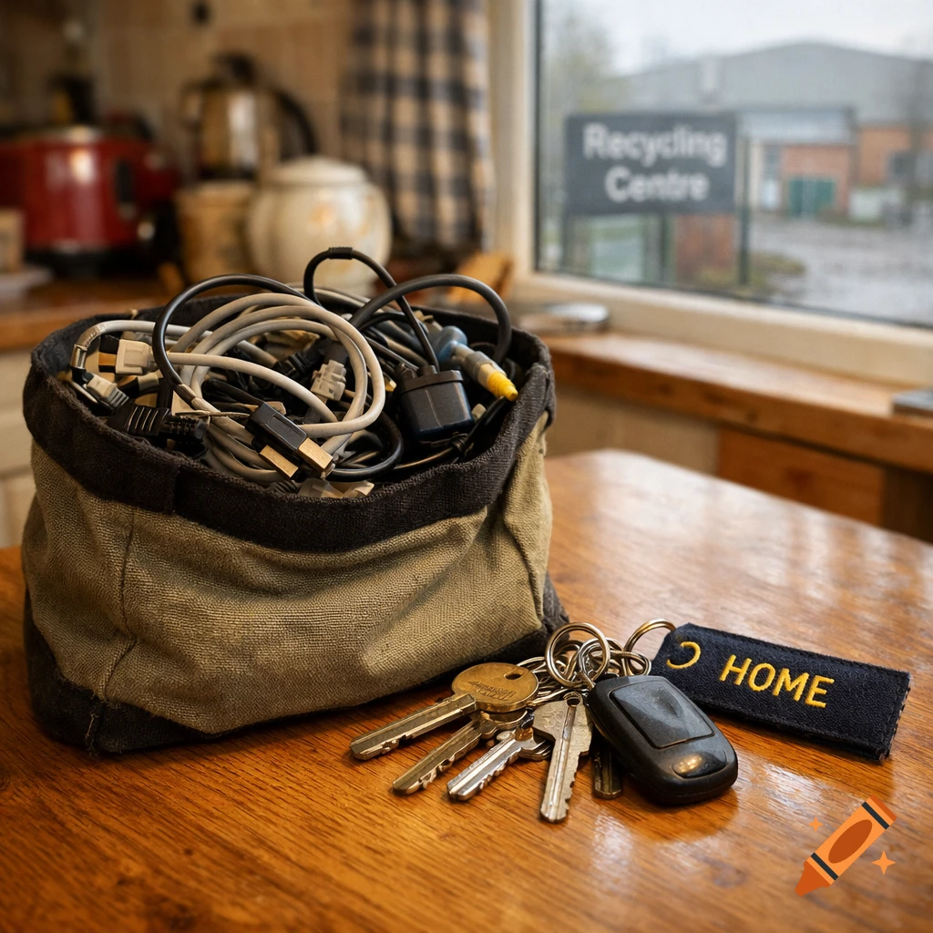 A bag of tangled cables and a set of keys with a 'HOME' keyring on a wooden table. A blurred 'Recycling Centre' sign is outside the window.