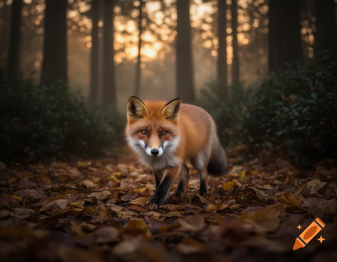 A photorealistic red fox walks on a forest floor covered in autumn leaves, with misty trees and golden light in the background.