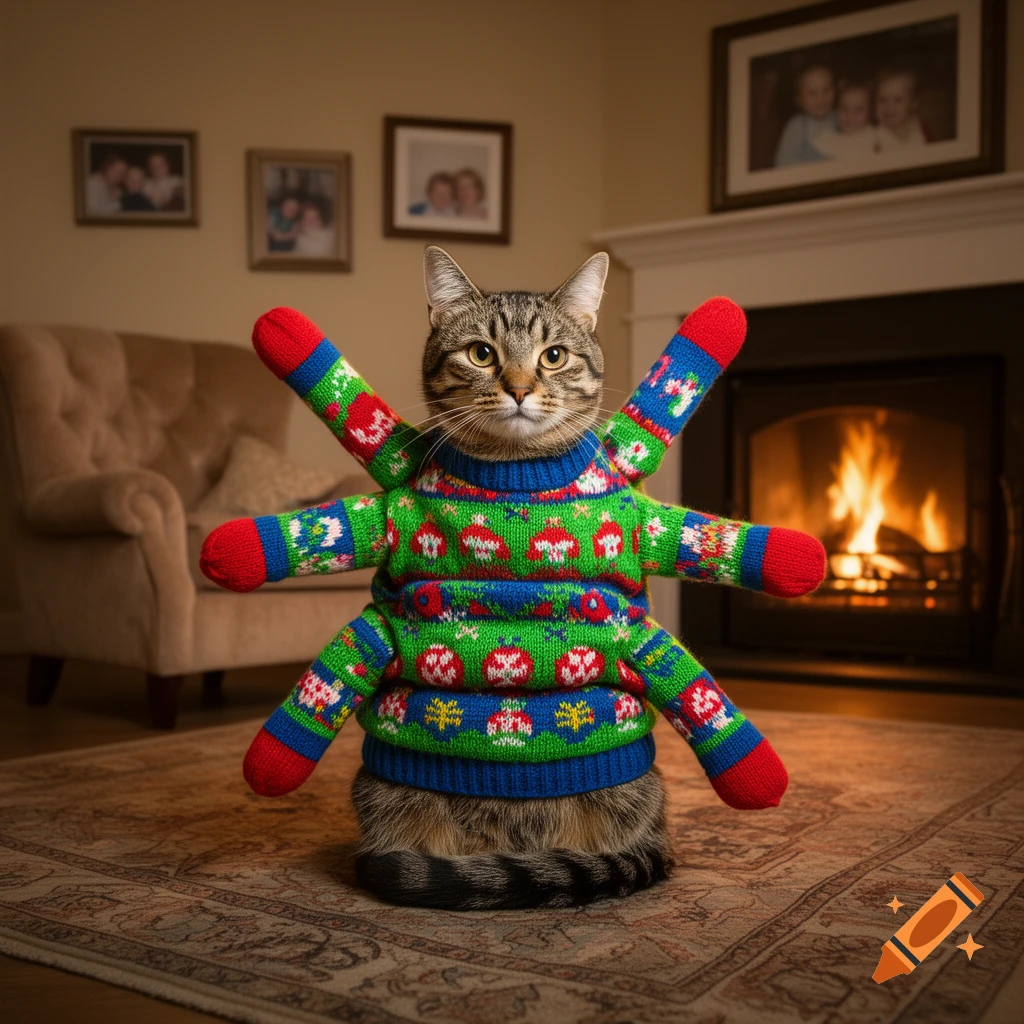 A tabby cat in a multi-sleeved green and red ugly Christmas sweater sits on a rug in a living room with a fireplace and framed photos.