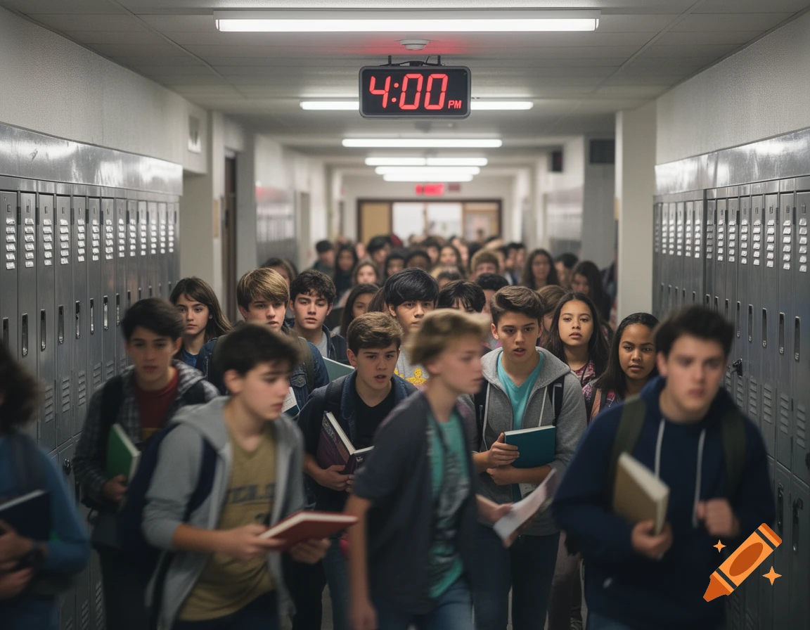 Photorealistic image of many students crowding a school hallway lined with lockers, with a clock showing 4:00.