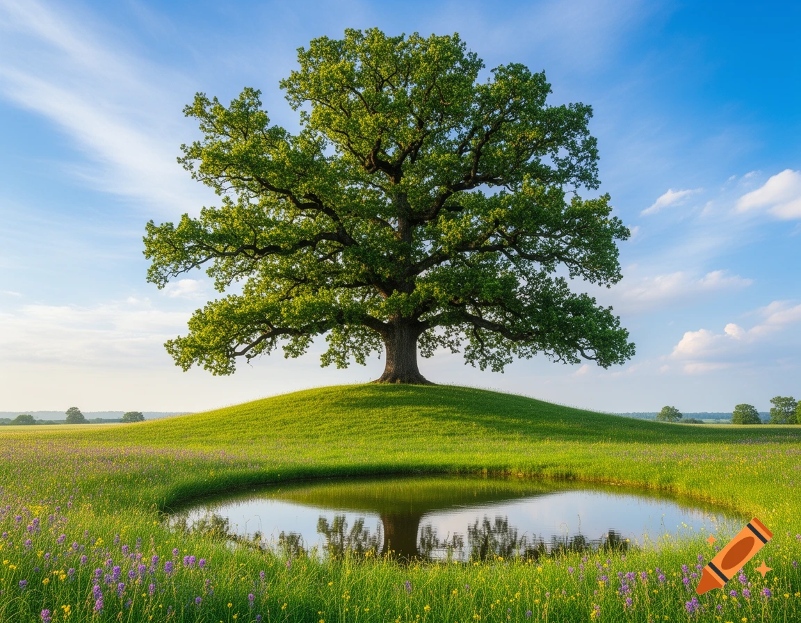A large oak tree on a green hill overlooks a pond reflecting its branches and the blue sky with clouds. Wildflowers grow nearby.