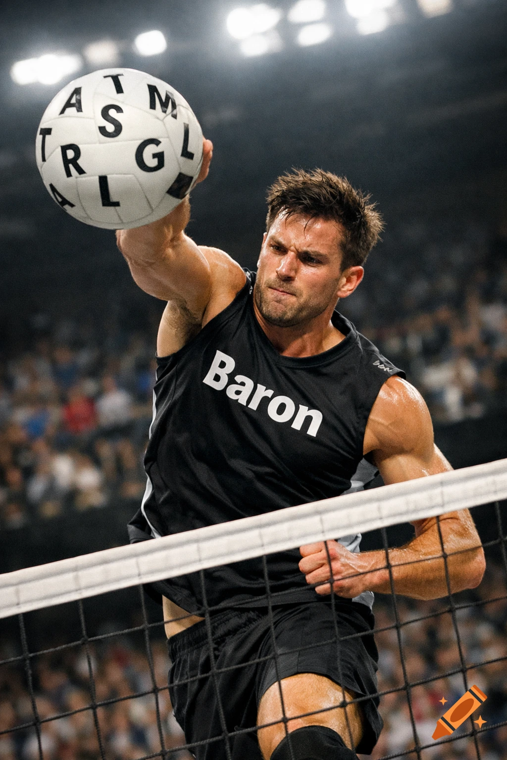 Male volleyball player in a black Baron jersey jumps to spike a ball with letters on it, over a net in an indoor arena.