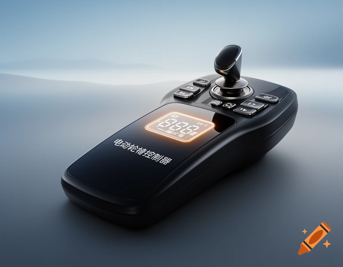 A black electric wheelchair controller with a joystick, multiple buttons, and a glowing orange digital display, on a light blue-gray surface.