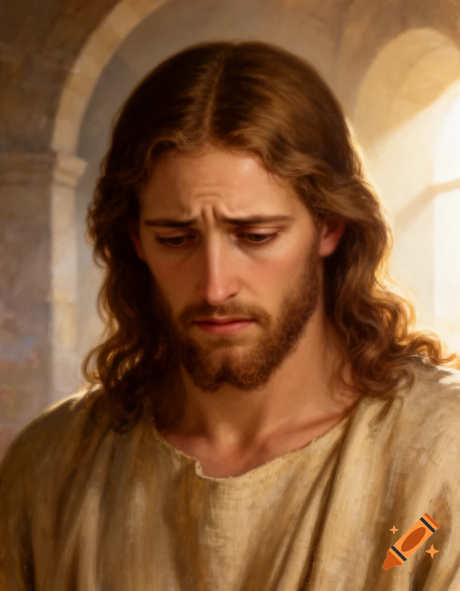 A close-up, artistic portrait of Jesus with long brown hair and beard, looking down with a sad expression.