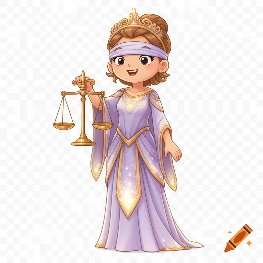 A cartoon goddess of justice, Themis, blindfolded and wearing a crown and purple gown, holding golden scales.