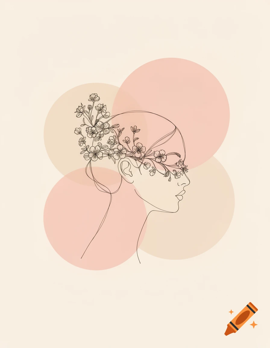Minimalist line drawing of a woman's profile with flowers in her hair, against a pastel circular background.