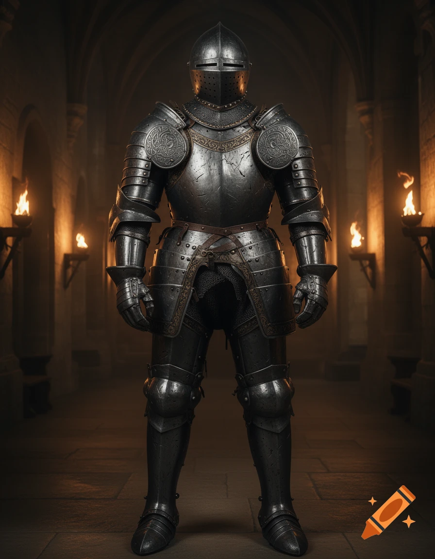 A full-body view of a knight in dark, detailed silver armor stands in a dimly lit, arched stone castle hallway with torches on the walls.