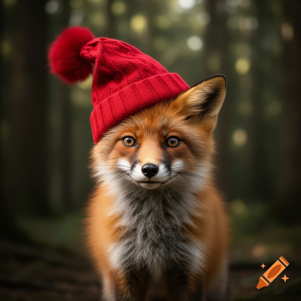 Photorealistic red fox wearing a red knitted hat with a pompom, looking forward in a forest.