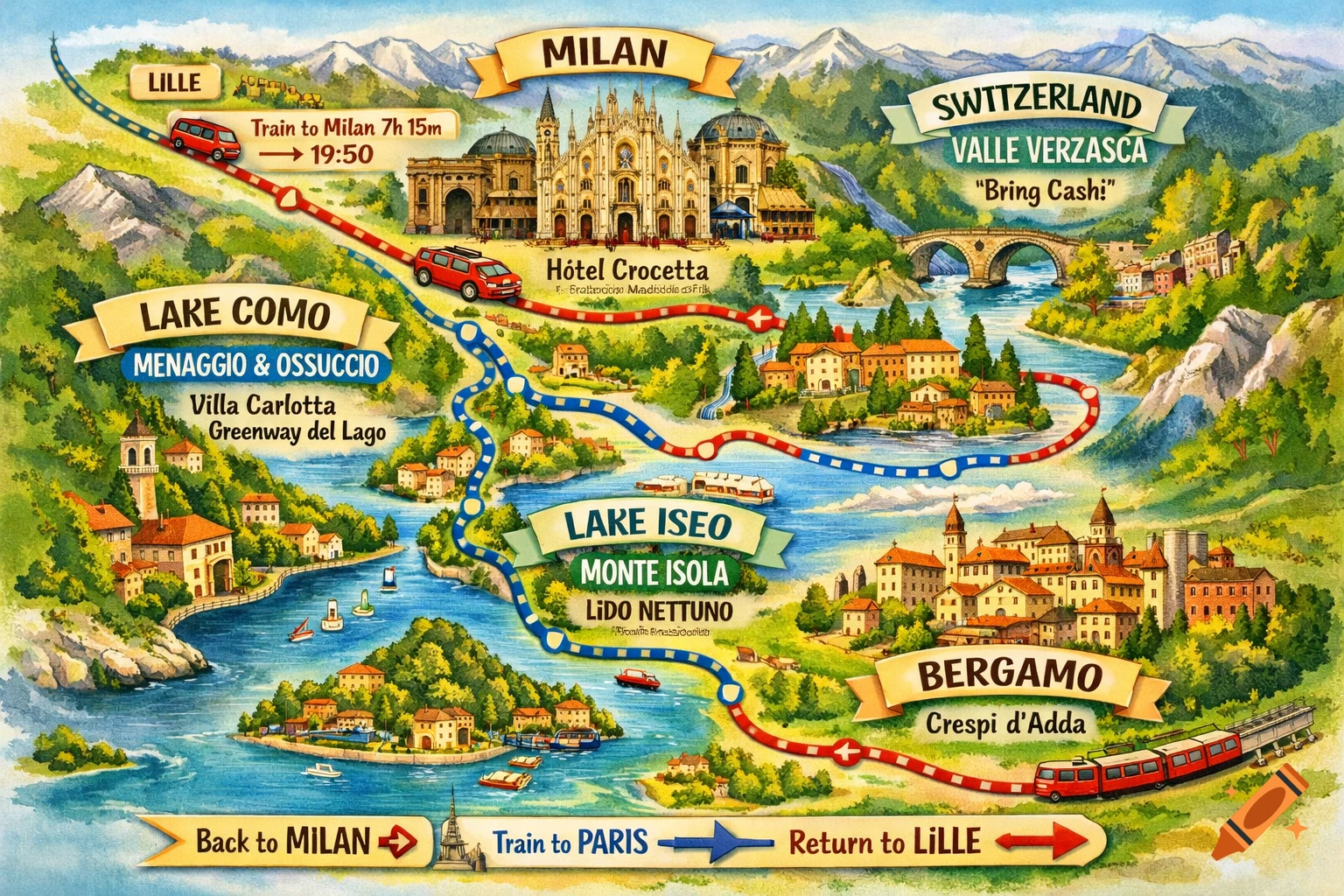 A colorful watercolor-style travel map illustrating a road trip itinerary through Italy and Switzerland, featuring cities like Milan, Bergamo, Lake Como, Lake Iseo, and Valle Verzasca, with mountains, lakes, and small towns connected by red and blue routes.