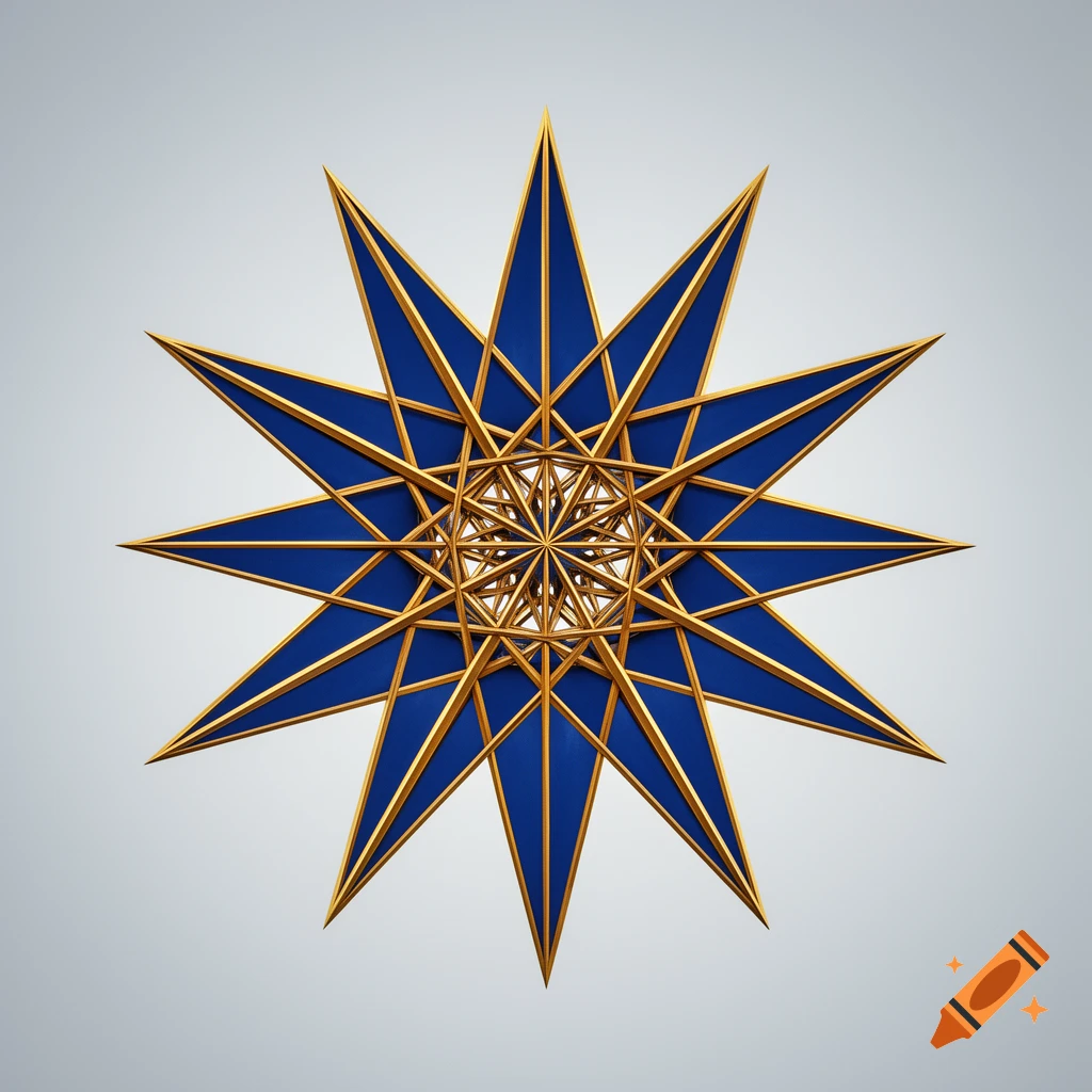 An intricate, multi-layered geometric star in blue and gold against a light gray background.