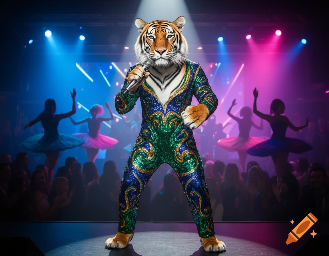A tiger in a sparkling blue and green sequined jumpsuit sings into a microphone on a brightly lit stage with blurred dancers and a crowd.