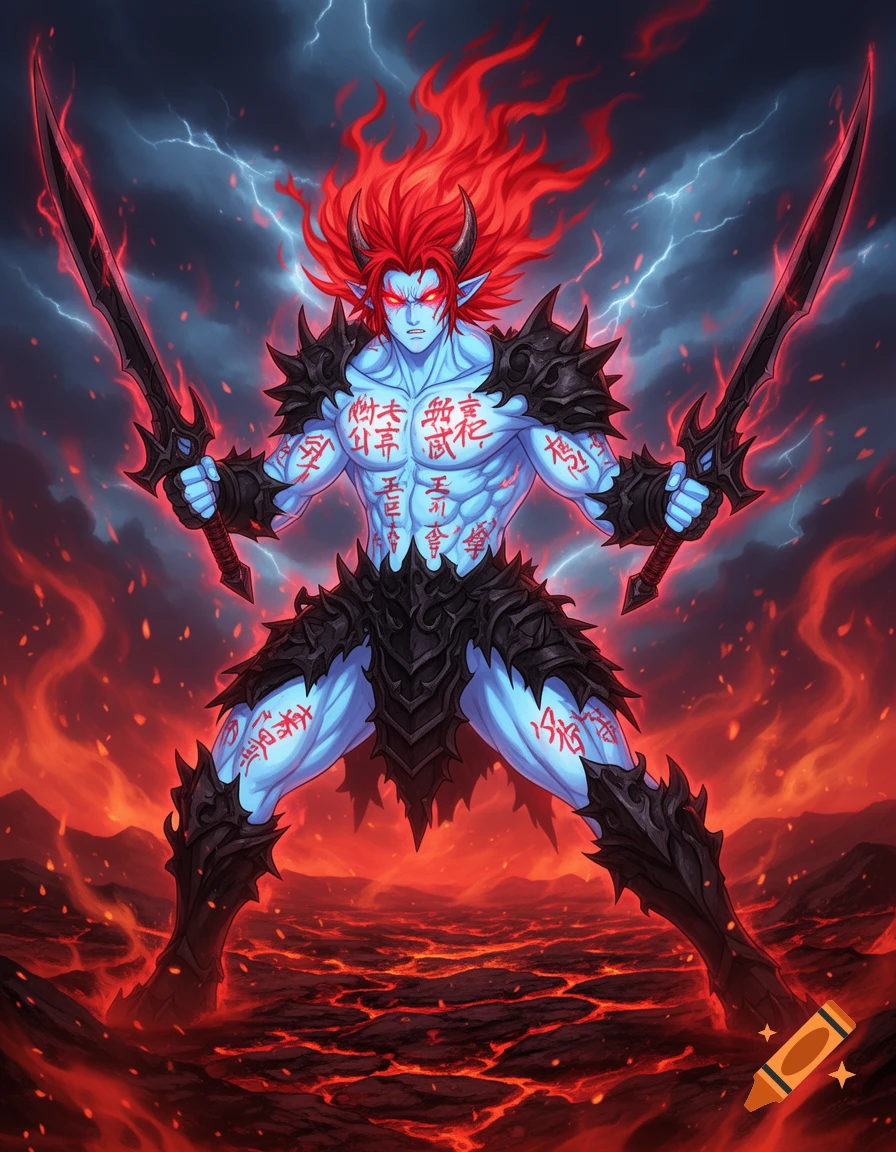 A powerful blue-skinned, red-eyed demonic anime warrior with flaming red hair and horns, covered in crimson inscriptions, wields two black swords amidst a fiery, stormy landscape.