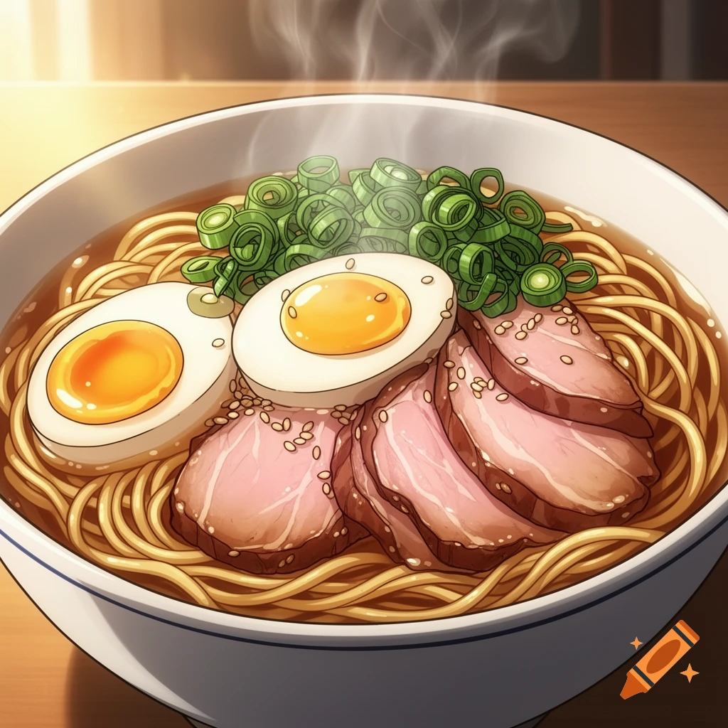 A steaming bowl of ramen with noodles, sliced pork, two half-boiled eggs, and green onions in anime style.