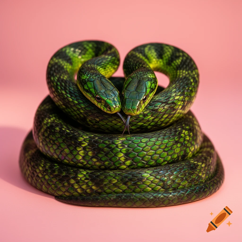 Two green snakes coiled together with their heads touching, set against a solid pink background.