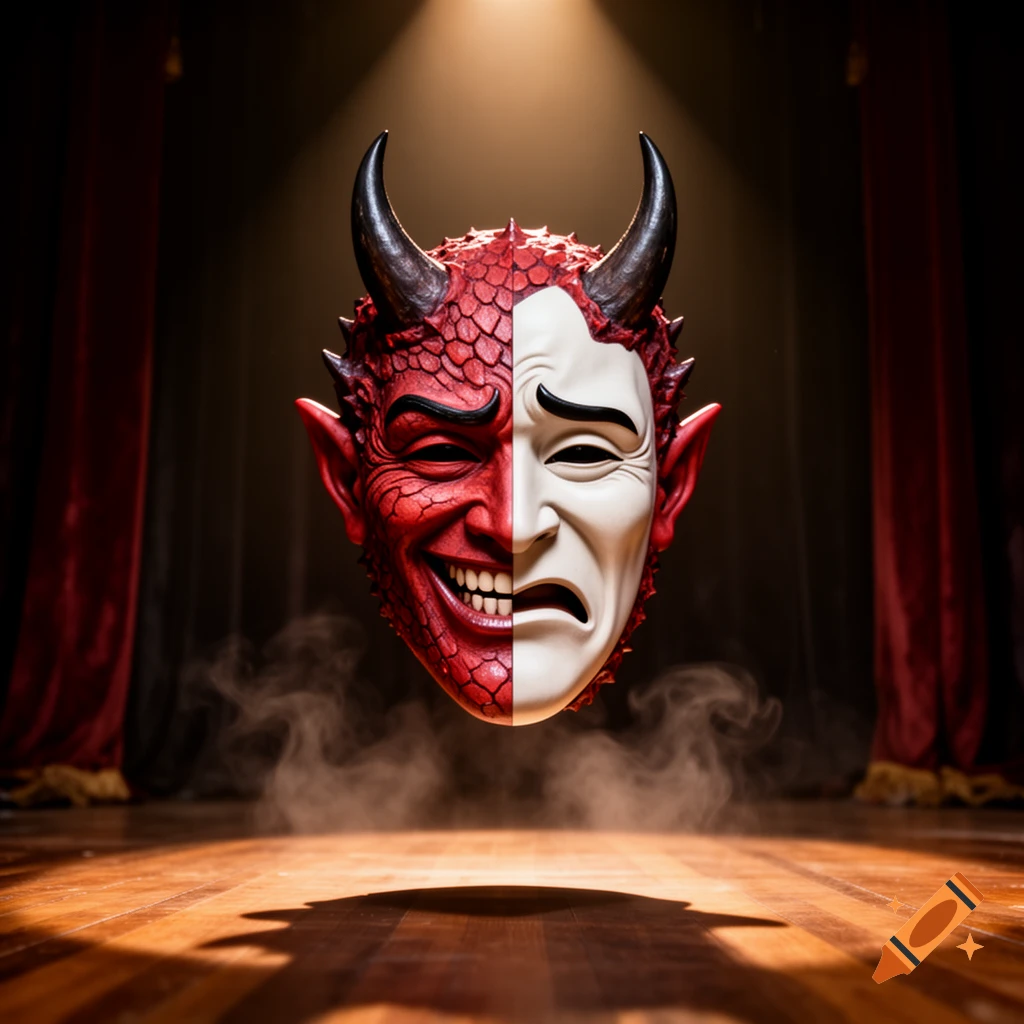 A split face mask, half red laughing demon, half white sad theatrical mask, floats under a spotlight on a smoky stage.