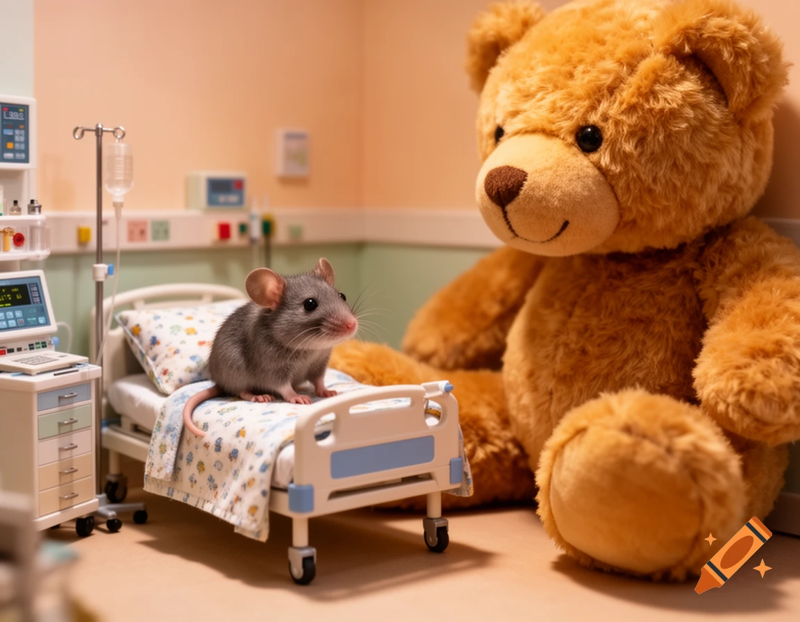 A small grey mouse sits on a tiny hospital bed beside a giant brown teddy bear in a hospital room.
