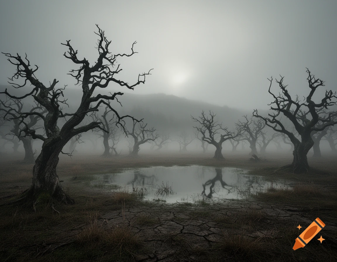 Eerie, foggy landscape with gnarled bare trees, a muddy puddle reflecting silhouettes, and cracked ground under a pale, misty sky.