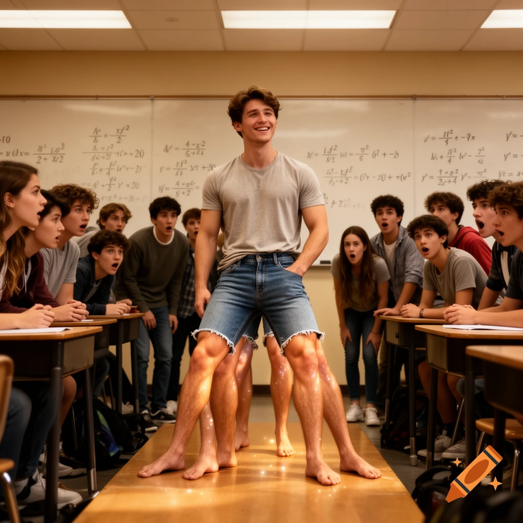 A smiling young man with multiple bare legs stands in a classroom while amazed students look on from their desks.