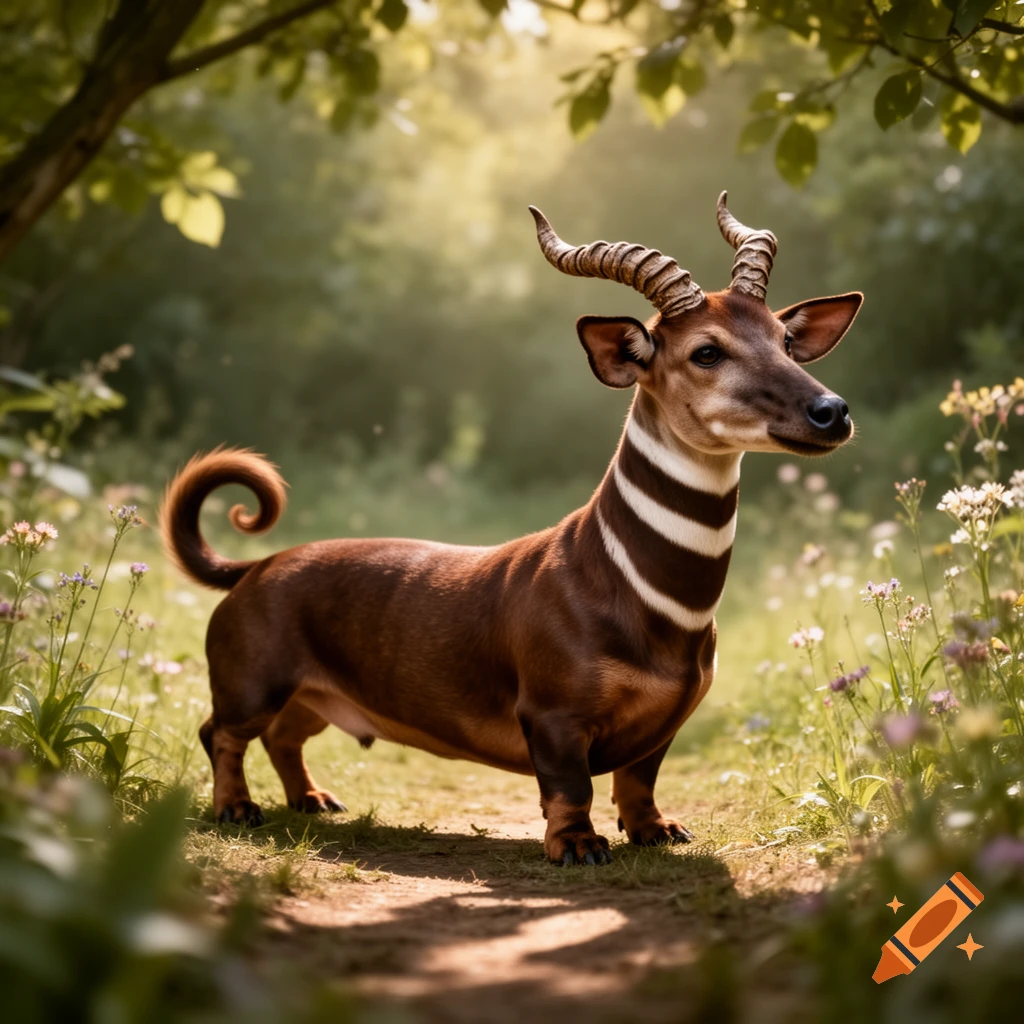 A photorealistic hybrid animal with a dachshund body, okapi head with goat horns, and a curly tail, standing on a path in a sunlit forest.