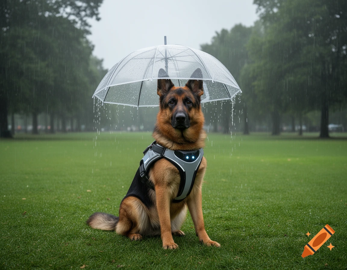 A photorealistic German Shepherd sits in a rainy park under a transparent umbrella, wearing a modern harness.