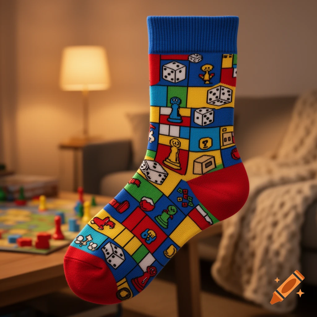 A colorful sock, adorned with board game motifs like dice, pawns, and question marks, floats in a softly lit room with a blurred board game on a table in the background.