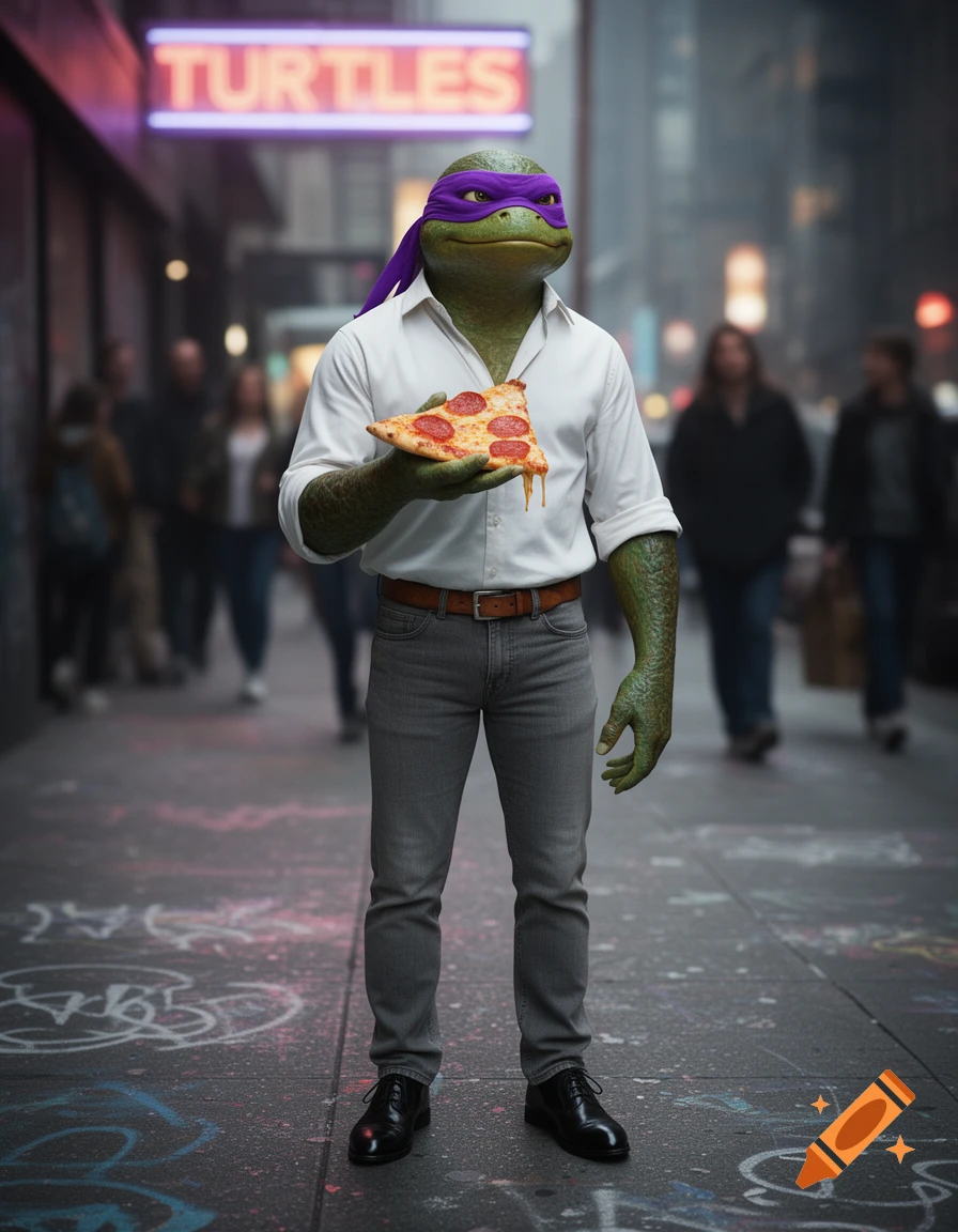 Photorealistic image of Donatello from TMNT, wearing a purple mask, white shirt, and jeans, standing on a city sidewalk holding a slice of pizza.