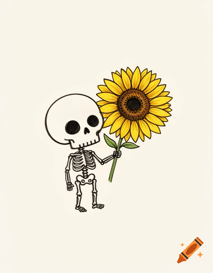 A cute doodle of a skeleton holding a sunflower.