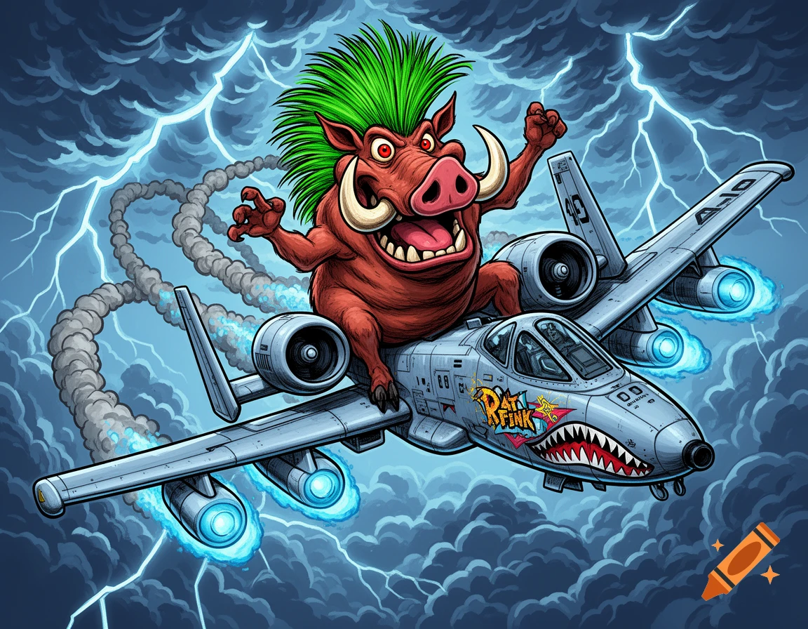 Cartoon Pumba as Rat Fink on an A-10 Warthog jet with 'RAT FINK' text, flying through a lightning storm.
