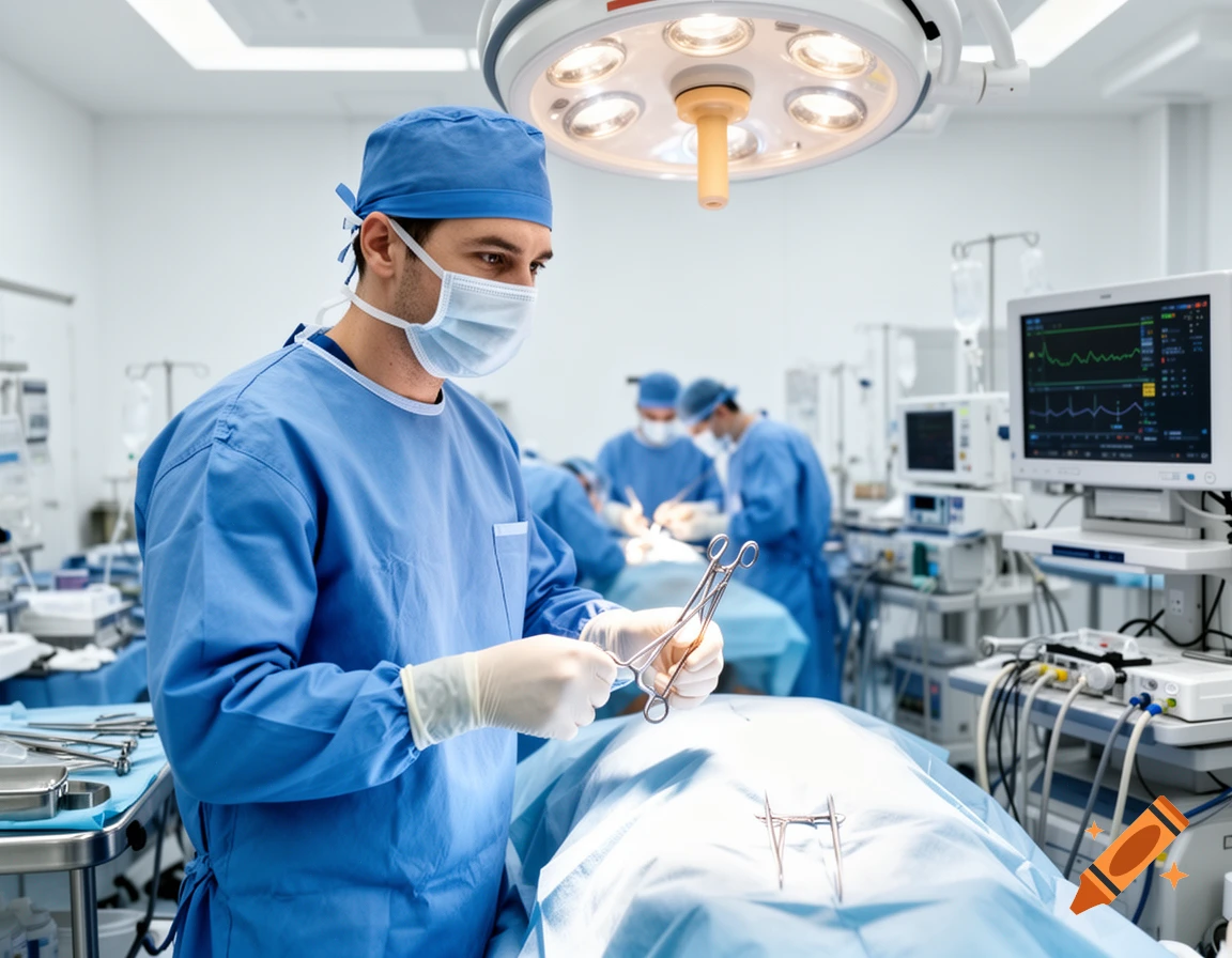 A surgeon in blue scrubs, mask, and gloves holds surgical tools over a patient in a brightly lit operating room, with other medical staff in the background.