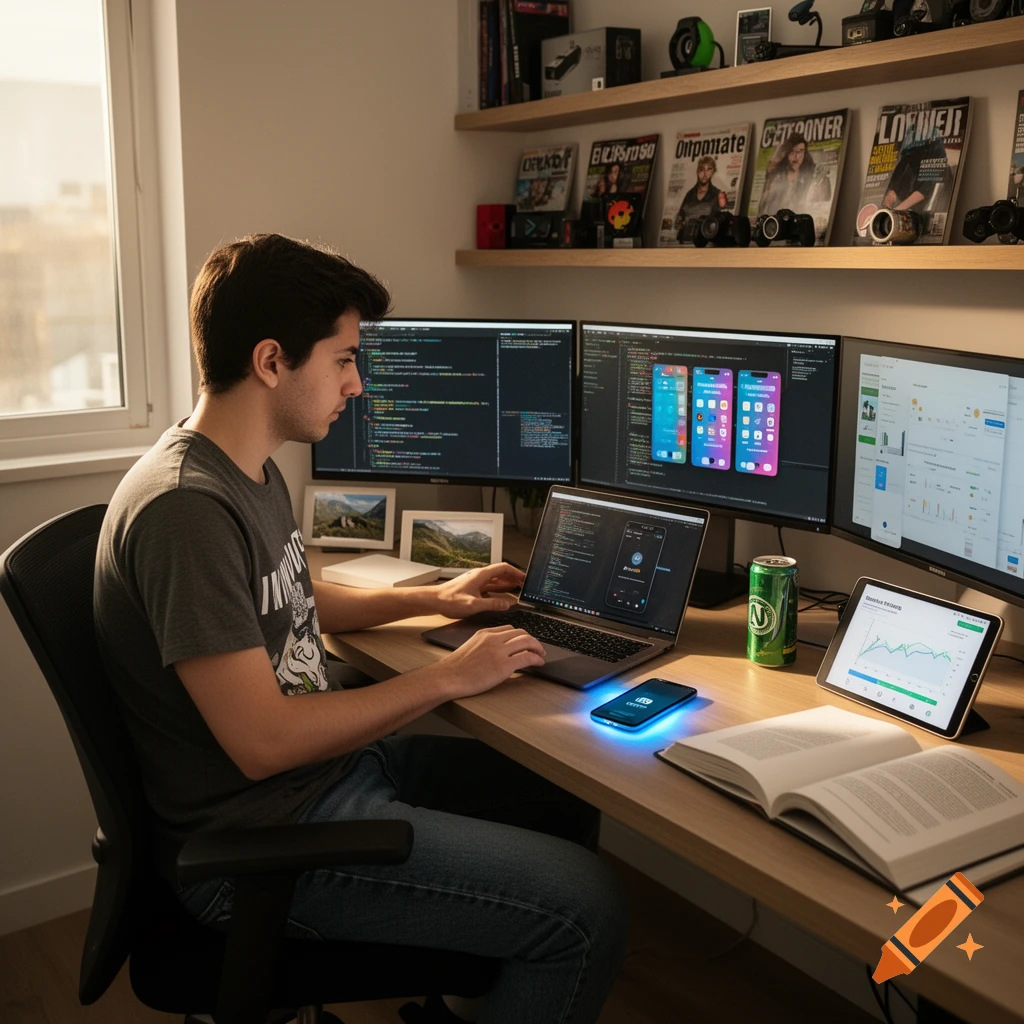 A young man sits at a desk with multiple monitors displaying code and app interfaces, a laptop, and a glowing smartphone. Books and magazines are on shelves.