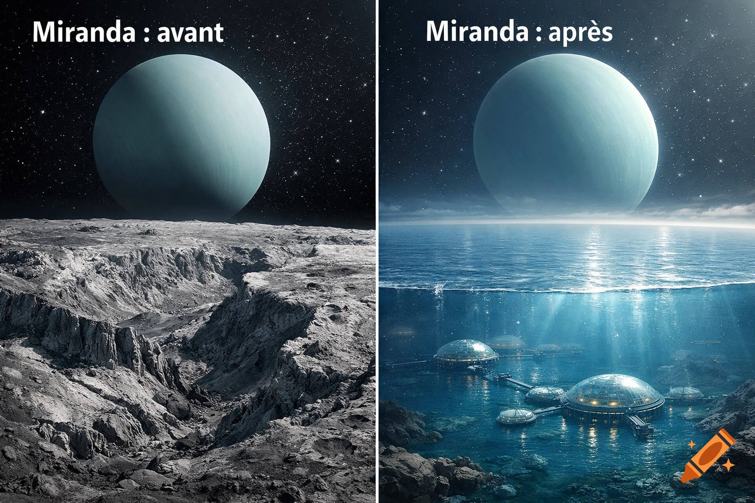 Split image showing Miranda, a moon of Uranus, before (rocky canyons) and after (ocean with underwater bases) terraforming.