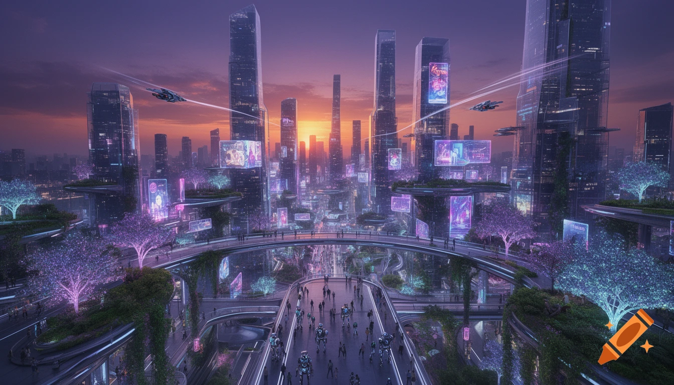 A vibrant futuristic cityscape at sunset, featuring towering skyscrapers with glowing screens, flying vehicles, elevated walkways, and illuminated purple and blue trees.
