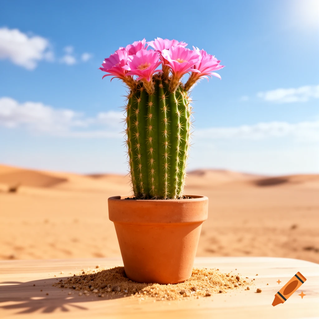 A potted cactus with vibrant pink flowers stands on a wooden surface in a vast desert landscape under a blue sky.