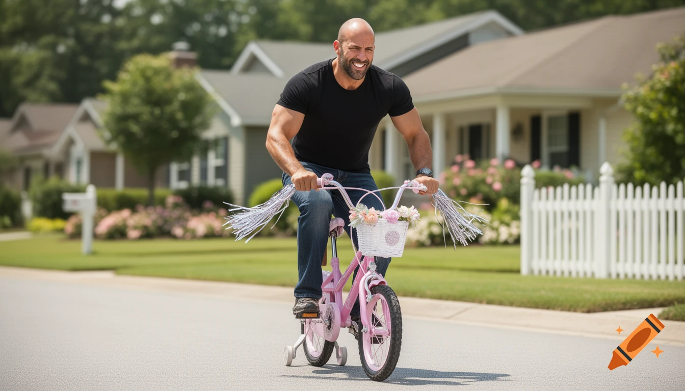 A bald, muscular man in a black t-shirt and jeans smiles while riding a small pink bicycle with training wheels on a suburban street.