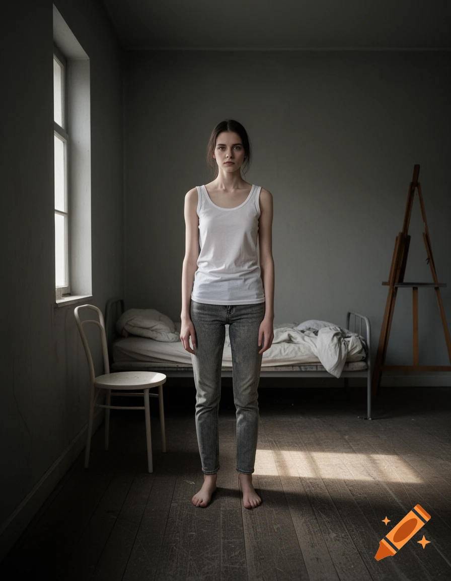 A somber young woman in a white tank top and jeans stands barefoot in a dimly lit, sparse room with a bed and easel.