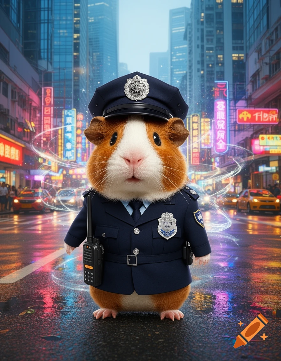 A photorealistic guinea pig dressed as a police officer stands on a wet city street at night, surrounded by blurred neon lights.