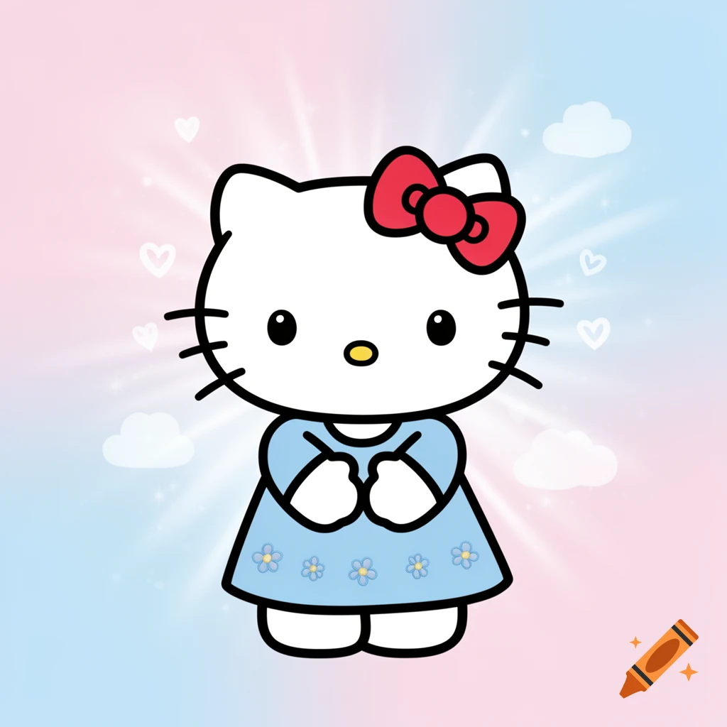 Hello Kitty in a blue dress with a red bow, standing on a pink and blue gradient background with hearts and clouds.